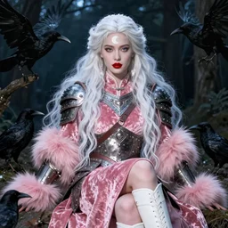 portrait of a warrior woman, english face, refined features, moon goddess, red lips, long snow - white hair, night forest, crows, pink velvet dress, leather armor, iron armor, white boots, pink fur, clothes alexander mcqueen very beautiful style, photorealism, edgard maxence