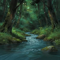 fantasy river in forest by ghibli, pixar, disney, dark, albert bierstadt, 4 k, high detail