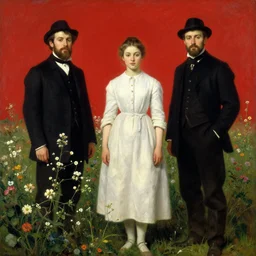 Solomon Joseph Solomon and Richard Schmid and Jeremy Lipking victorian genre painting portrait painting of a plain young village girl in an open field of flowers, red background