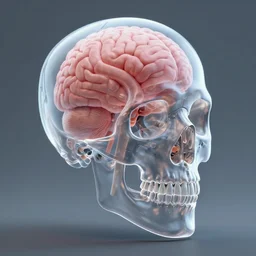a transparent skull containing brains, 3D render