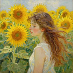 a girl in amazing tall sunflower field, her hair flowing down, subtle, intricate details, real masterpiece, oil on canvas, by vincent van gogh
