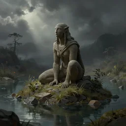 claymore stuck in a pond island, moody high exposure, digital painting, concept art, photoshop speedpaint
