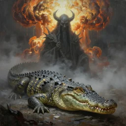 fantasy crocodile god, illustration, ominous , catarthic, god, mist, nuclear explosion background, volumetric lighting, soft lighting, soft details, painting oil on canvas by artgerm and jihun lee , octane render, HDR, trending on artstation, 4k, 8k, HD