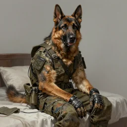 a wounded humanoid german shepherd beast - man in military style, his hands are covered with wires, sitting on the bed, highly detailed portrait, digital painting, artstation, concept art, smooth, sharp foccus ilustration, artstation
