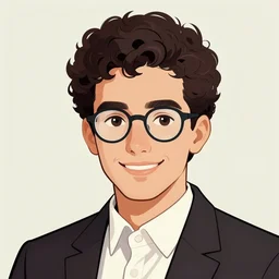 illustration of jewish young man with glasses, dark short curly hair smiling, in the style of clement hurd