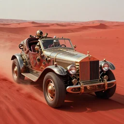 steampunk rolls royce speeding across a red desert, greg rutkowski, 8 k, shallow depth of field, intricate detail, concept art,