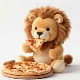 a plush lion lovey, eating pizza