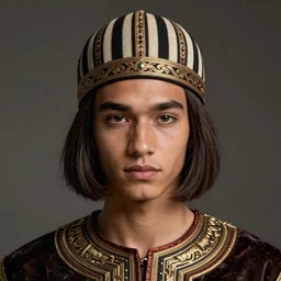 portrait young jaden smith as ancient libu, striped cap, bob haircut, intricate, elegant, highly detailed, digital painting, artstation, concept art, smooth, sharp focus, illustration, orientalism, bouguereau, rutkowski, mucha