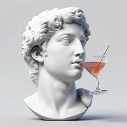 a 3 d white reneissance statue head drinking a coctail, 3 d render