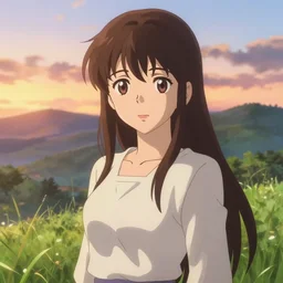 anime art full body portrait character concept art, anime key visual of elegant young female, brown hair straight bangs and large eyes, finely detailed perfect face delicate features directed gaze, touching grass at sunset in a valley, trending on pixiv fanbox, studio ghibli, extremely high quality artwork