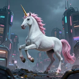 unicorn in a futuristic cyberpunk town. By Konstantin Razumov, highly detailed