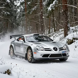 a 2 0 0 5 mercedes - benz slr mclaren, racing through a rally stage in a snowy forest