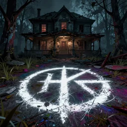 close look at a sigil scribbled on the ground and the sigil shining white, inside a haunted destroyed house, trending on artstation, wide view, cinematic view, cinematic, 8 k, digital photo, unreal engine, colored paint, colorful paint, scary style