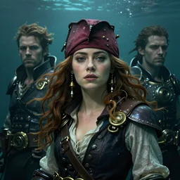 underwater steampunk pirate portrait of emma stone, hyper detailed, digital art, trending in artstation, cinematic lighting, studio quality, smooth render, unreal engine 5 rendered, octane rendered, art style by klimt and nixeu and ian sprigger and wlop and krenz cushart.