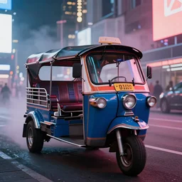 a blue and white tuk tuk in Times Square at night, highly detailed, hazy, cloudy, intense neon lighting, matte painting, concept art, 4k