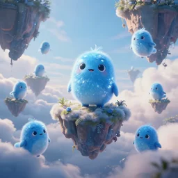 cute blue shiny creatures flying through floating islands, extreme cloud formations, uncanny, cinematic lighting, thomas cole, still from inside out, octane render, ray tracing, volumetric lighting, 4 k