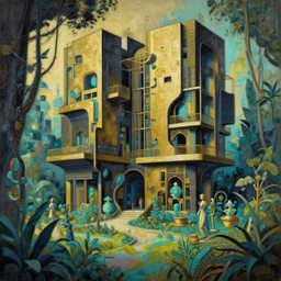 a hiper intricate oilpainting of a concept architecture art house solarpunk in the garden, style brutalism, gold and black turquoise ratio, extremely detailed, sharp focus, wide view, detailed rought paper, digital illustration, colorfull, by william turner art, by greg rutowski, by carl larson, by edmund dulac
