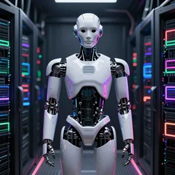 full body robot with human mask, background is data server room, neon and dark, by jarlan perez, illumination ray tracing hdr render in unreal engine 5 symmetrical face, i am robot movie by jarlan perez