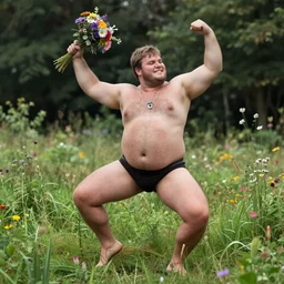 hairy nipples happy male very chubby dark blond viking with short hair dancing around in meadow holding a bunch of flowers in the style of rutkowski