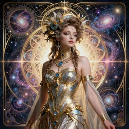 detailed realistic beautiful young fully clothed groovypunk queen of andromeda galaxy. art nouveau, symbolist, visionary, baroque, giant fractal details. horizontal symmetry by zdzisław beksinski, iris van herpen, raymond swanland and alphonse mucha. highly detailed, hyper - real, beautiful