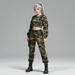 girl, silver hair ponytail, multicam (((camo))), posing, (((trending on artstation))), beautiful face, cinematic full body shot, ilustration by Takehiko Inoue ((and Yoann Lossel))