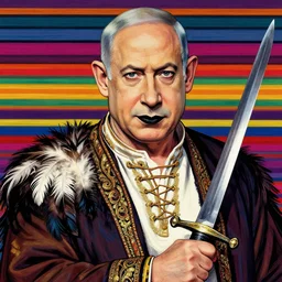 insanely detailed portrait of benjamin netanyahu, oriental clothing, feathers, laces, holding sword, black lipstick, colorful striped background, rich colors, vibrant colors, outlines, mysterious look