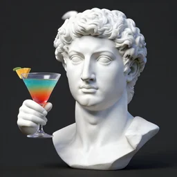 a 3 d model of a white marble human head in a renaissance style holding a coctail, colorful coctail, digital illustration, 3 d render, above the waist