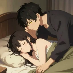 A tall dark figure with yellow eyes bending down whispering to a woman sleeping in her bed anime style