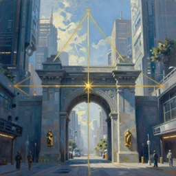 an epic painting of the city gateway, oil on canvas, cold colors, perfect composition, golden ratio, beautiful detailed, photorealistic, digital painting, artstation, concept art, smooth, sharp focus, illustration, cyberpunk background, artstation trending, octane render, unreal engine