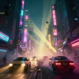 a 3 d rendered in unreal engine guatemalan cyberpunk city with neon ads and signs with evocative dramatic mood with blade runner vibe with cars and floating vehicles with motion blur with depth of field with bloom with lightshaft with volumetric lights, fog, by jeremy mann, oscar winning graphics, photo realistic, bloom, imax, dynamic lighting, artstation,