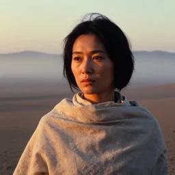 portrait bust of woman, tarkovsky, film grain, kodachrome, desert, black hair, cloth, heavy fog, hudson river school, 4 k, dramatic lighting, sunrise, hayao miyazaki, masashi ando, nizou yamamoto, kazuo oga, joe hisaishi, yoji takeshige, naoya tanaka