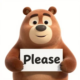 a bear holding a'please'sign, in the style of pixar
