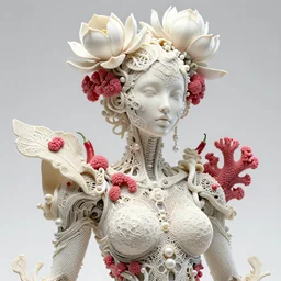 intricate hyper detailed ultra sharp focus 3 d render of a beautiful porcelain ivory fair seductive woman medium shot portrait, close - up, bright 3 point light studio, alexandre ferra white hexagonal mesh, cyberpunk mechanical haute couture huge fractal mycelum and fungi filigree lace, rasberry chili red sponge corals, huge magnolia goliath head ornaments, big embroidered leaves sinuous roots, octane render, pearls, volumetric cinematic lighting, 8 k, vray tracing, no dof, no blur