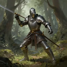 medieval knight, fantasy character, forest, dynamic pose, digital paintting, artstation, concept art, 4 k