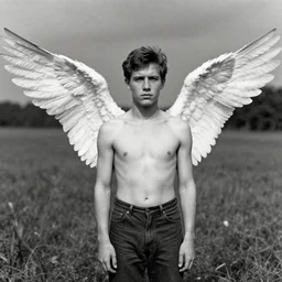The first known case of a man born with wings, circa 1982, colorized black and white photograph