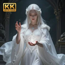 a mystic goddess with white dress and magical cloak trying to create human being in her hands, digital art, concept art, trending on artstation, 8 k detailed, dramatic lighting