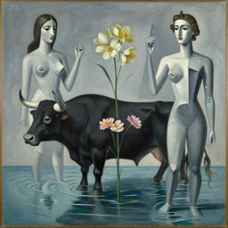water, flowers, bull, surreal by dan mumford and umberto boccioni, oil on canvas