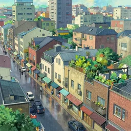 dense cityblock, ground level shops, residential apartments, rooftop garden. rainy atmosphere, colorful. sharp focus, smooth, hd, detailed, digital painting trending on art station, studio ghibli.