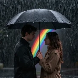 umbrella under a heavy rain, a couple under the umbrella, a rainbow between the couple, high contrast, the background is very dark, unreal engine 5, artstation winner, 8k, octane render