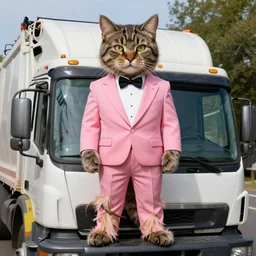 absolutely yoked shredded physique fuzzy furry ears Portrait of Lou Ferrigno camouflaged as Tabby Cat whilst wearing a pink tuxedo Standing atop a Garbage Truck Greg Rutkowski Eric Ravilious Paul Cezanne Andrew Wyeth Jamie Wyeth
