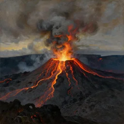 close up of a man on the brink of a volcano with flowing lava. painting by john martin