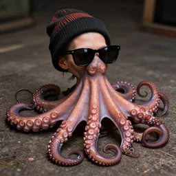 photograph of a real - life octopus who is a hipster, wearing beanie and sunglasses