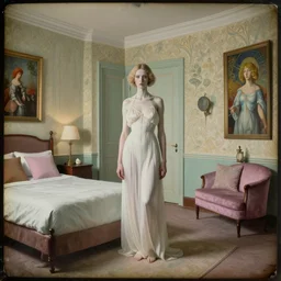 a feminine chimera in a liminal hotel room, daguerreotype by edward hopper, by henri rousseau, by Bosch, by Pontormo, art noveau, highly detailed, strong lights, liminal, eerie, Bright pastel colors, octane render, 8k,