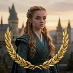 young arya stark with hogwarts as background at sunset, highly detailed, gold filigree, romantic storybook fantasy, soft cinematic lighting, award, disney concept art watercolor illustration by mandy jurgens and alphonse mucha and alena aenami, pastel color palette, featured on artstation