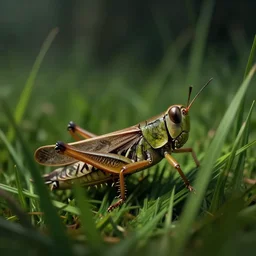 grasshopper insect in a long grass, 4 k, concept art, by wlop, ilya kuvshinov, artgerm, krenz cushart, greg rutkowski, pixiv. cinematic dramatic atmosphere, sharp focus, volumetric lighting, cinematic lighting, studio quality