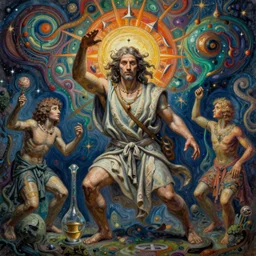 a very high hyper - detailed painting with complex textures of a man mystic metaphysical poet student of alchemy has a war against his ego and a desire for transcendental knowledge, he is a destroyer of the established material and connoisseur of other two different worlds, psychedelic surreal conceptual magical realism