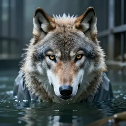 an ultra realistic, cinematic, fantasy, portrait, of a wolf, face in water, dramatic, soft light, dreamy, facial features, stood in a cell, with prison clothing, detailed, deep focus, movie still, dramatic lighting, ray tracing, by michal karcz and yoshitaka amano