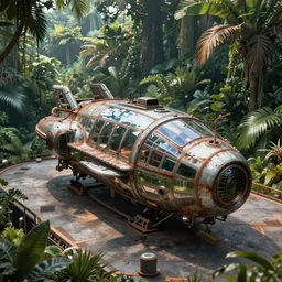 a futuristic rusty old spaceship made out of glass and shiny reflective metal, on a landing pad, surrounded by a lush jungle, volumetric light, hyperdetailed, artstation, cgsociety, 8k