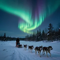 a winter scene at night, northern lights, dog sled team, matte painting, high quality, trending on artstation
