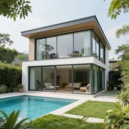 a small house with glass walls, garden with pool, modern architecture, architecture photography